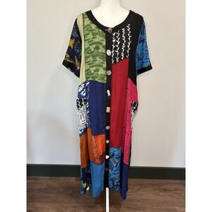 LA CERA Kaftan Maxi Dress Women's XL Pockets Short Sleeve Patchwork Artsy